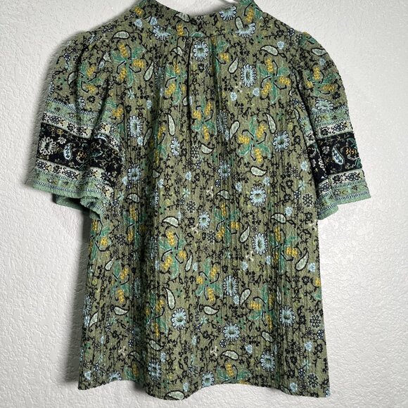 ANN TAYLOR LOFT Top Womens S Green DAHLIA TEXTURED RUFFLE PUFF SLEEVE Peasant - Picture 1 of 8